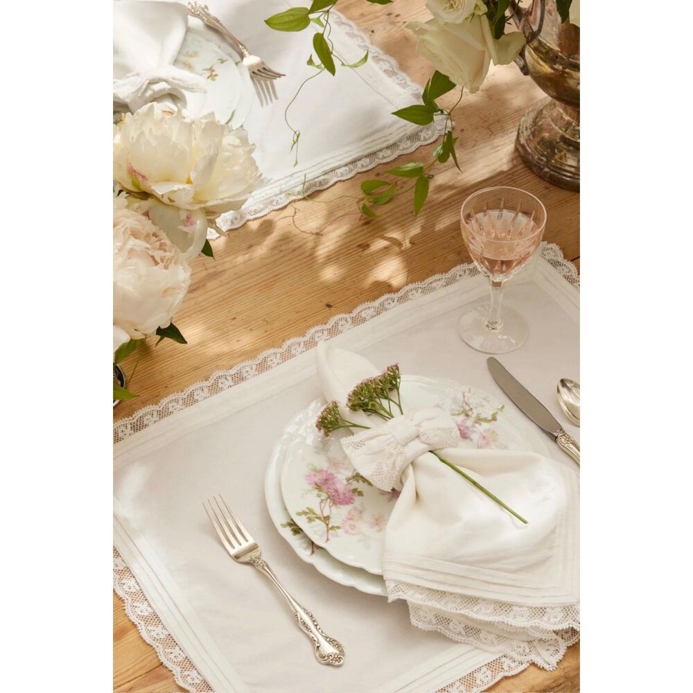 NEW - LOVE SHACK FANCY Victorian Place Mats, Set of 4, White, Cotton/Lace